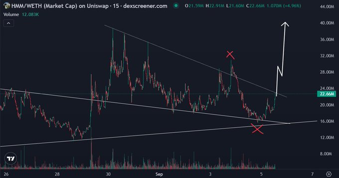 A trading chart titled 'HMM/WETH (Market Cap) on Uniswap' on dexscreener.com shows price action with red X marks and a white upward arrow annotation.