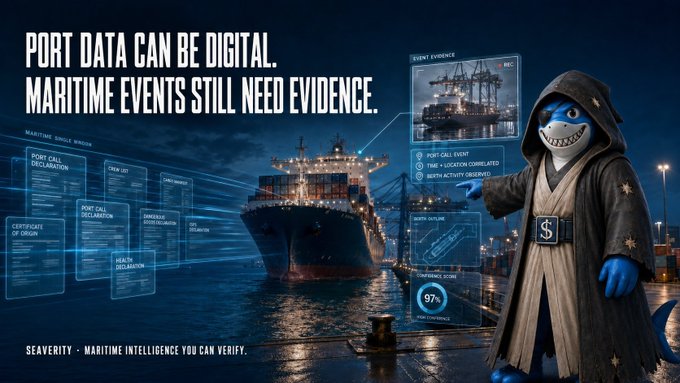 A promotional banner for Seaverity reading 'PORT DATA CAN BE DIGITAL. MARITIME EVENTS STILL NEED EVIDENCE,' featuring a shark mascot dressed as a Jedi next to a cargo ship.