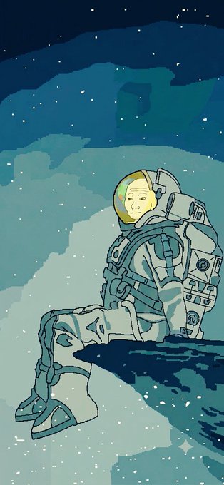 A digital illustration of an astronaut in a white space suit sitting on a rocky surface against a starry night sky with clouds.