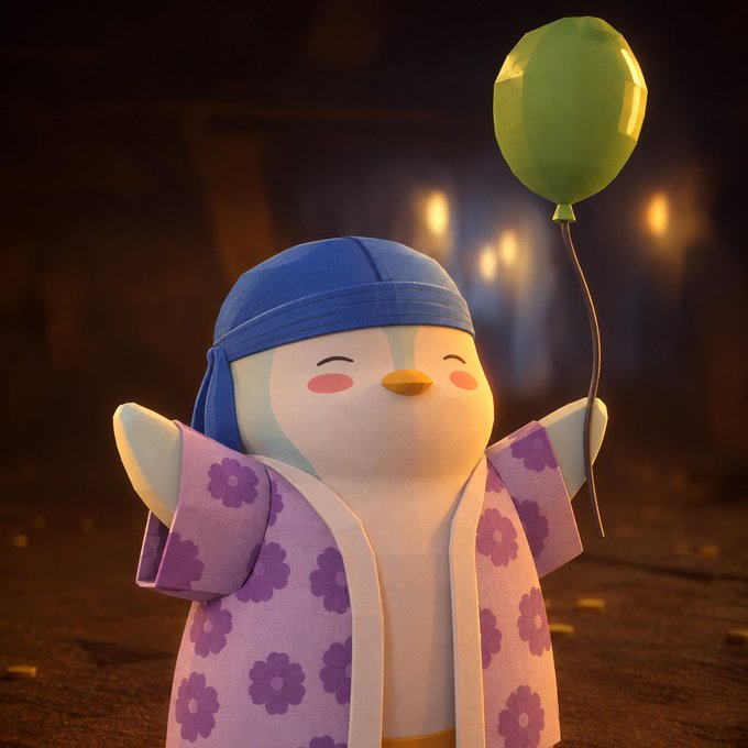 A 3D-rendered cartoon penguin character wearing a blue headscarf and a purple floral robe, holding a green balloon in a warmly lit setting.