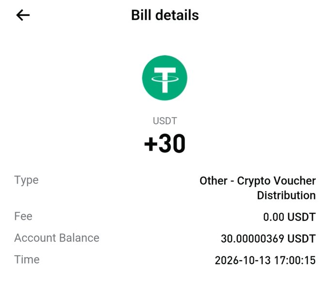 A Bitget bill details screenshot showing a +30 USDT credit labeled as "Other - Crypto Voucher Distribution," with a timestamp of 2026-10-13 17:00:15 and an account balance of 30.00000369 USDT. The image confirms the post's claim of receiving a 30 USDT crypto voucher as part of Bitget's 8th Anniversary campaign.