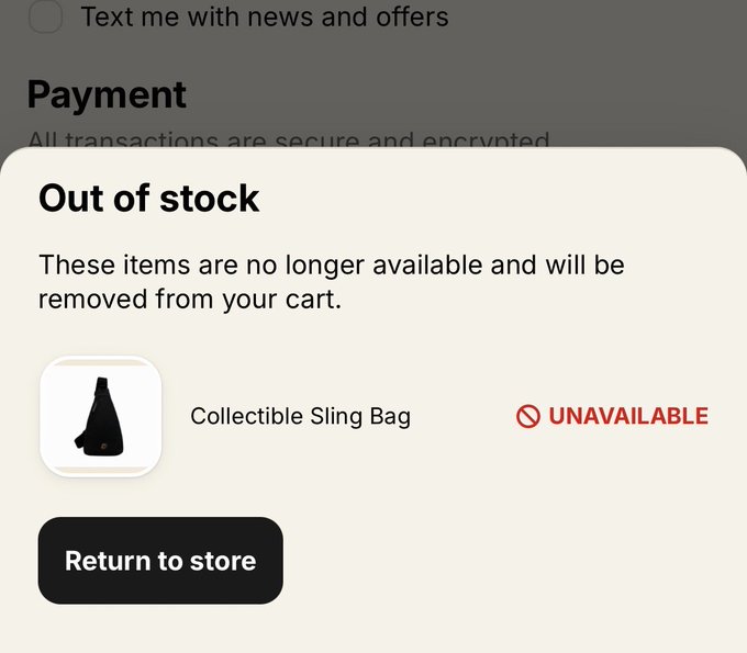 A mobile checkout screen displays an "Out of stock" pop-up warning that a "Collectible Sling Bag" item is "UNAVAILABLE" and will be removed from the cart, with options to return to the store. The image illustrates the post's point about disappointment and scarcity, visually reinforcing the analogy of giving one child a cookie while the other 999 apes get nothing.