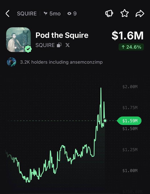 A mobile screenshot shows the SQUIRE memecoin token "Pod the Squire" trading at $1.6M with a 24.6% gain, displaying a candlestick chart that highlights a recent sharp rally to $1.59M, visually confirming the post's claim that $SQUIRE has pumped 25% today.