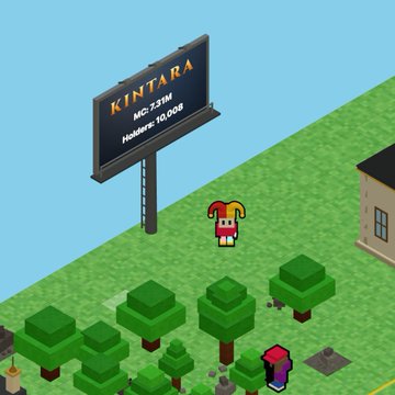 The image features a cartoon character standing next to a billboard that says "Is Kintara the Fastest-Growing GameFi Project Amid the Bear Market?". The character appears to be wearing a red hat, and there are trees and buildings visible in the background.