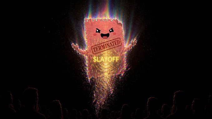 The image features a glowing, menacing character with an angry expression, stamped "TERMINATED" across its chest with "SLAYOFF" written below, radiating colorful light against a dark background while a silhouetted crowd watches from below. This visual metaphor aligns with the post's commentary on the "layoff" narrative trending across web2 and web3, symbolizing how the account's content about job cuts gains massive engagement—even drawing attention from Elon Musk—as a cautionary reminder to research what you're holding.