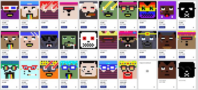 A grid of pixel-art character NFT portraits in various colors and designs, with one slot marked 'Image not loaded yet' and prices listed beneath each character.