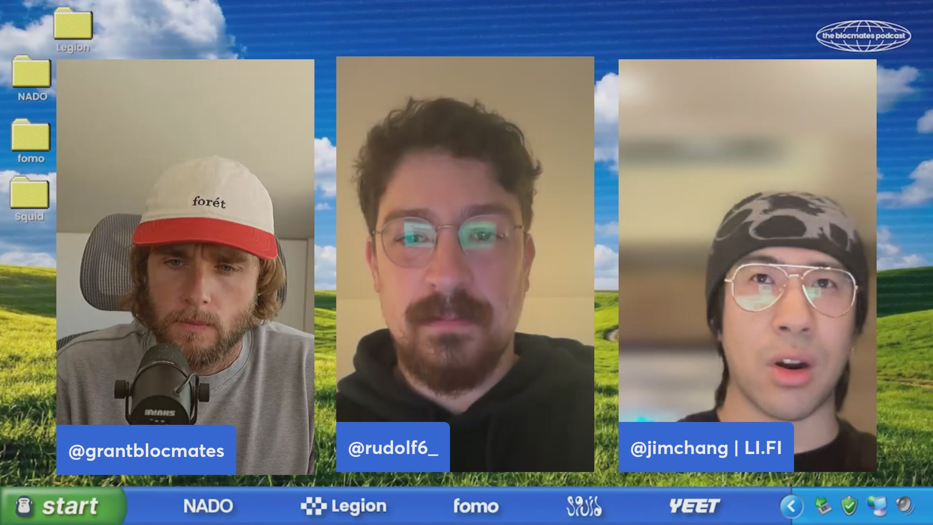 The image shows three men's faces displayed on a computer screen, each wearing glasses and hats. The man on the left has a red hat, the middle man wears a white cap, and the rightmost man has a black hat with a white design. The background of the image is a picture of a field or grassy area. The post appears to be about a social media platform where users can share their interests by tagging them in posts using specific hashtags.