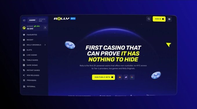 A dark blue website for 'ROLLY BETA' features the headline 'FIRST CASINO THAT CAN PROVE IT HAS NOTHING TO HIDE,' with subtext mentioning 2X-powered casino, non-custodial, no-KYC access, and Tier-1 providers.