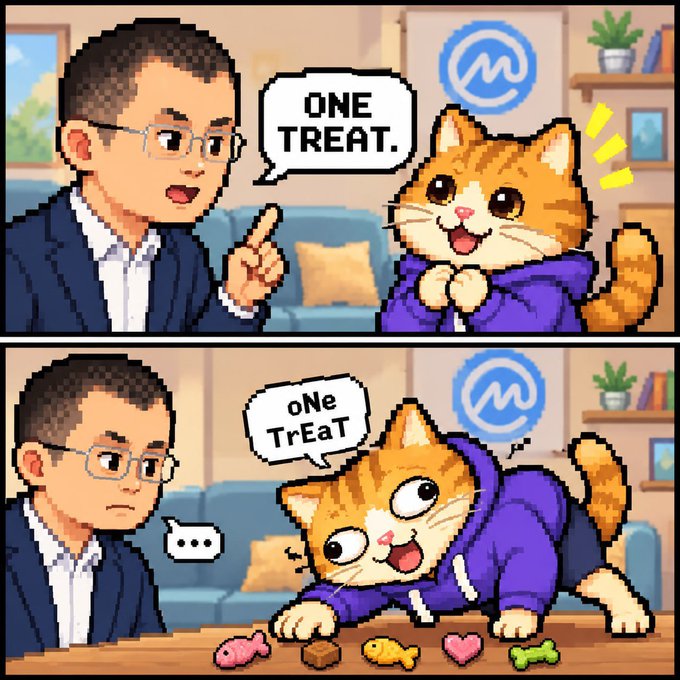 A two-panel pixel comic featuring a man telling a cat 'ONE TREAT.' in the top panel, and the cat repeating 'oNe TrEaT' while excitedly grabbing treats in the bottom panel, with a Memeland logo in the corner.