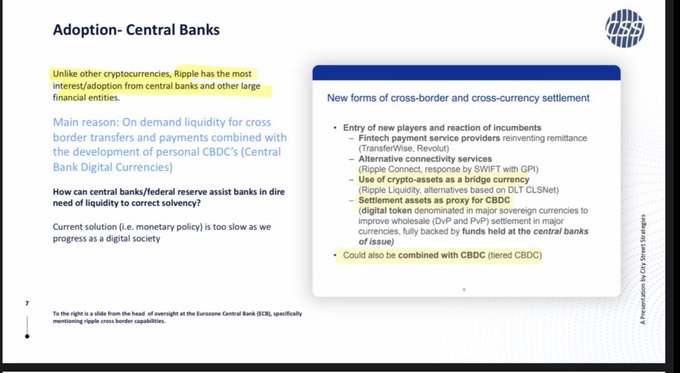 The image is a slide titled "Adoption- Central Banks" highlighting that Ripple has the most interest/adoption from central banks and large financial entities. It emphasizes central banks' need for on-demand liquidity for cross-border transfers combined with the development of Central Bank Digital Currencies (CBDC), listing new forms of cross-border and cross-currency settlement solutions like fintech payment services, Ripple Connect (with SWIFT/GPI), and settlement assets leveraging crypto-assets like XRP and CBDC.