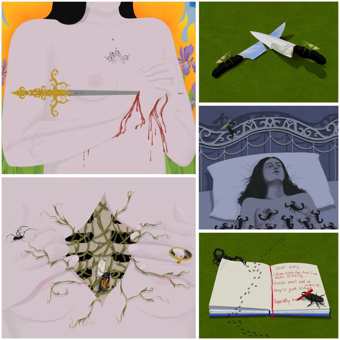A collage of six illustrations, including a pink-skinned woman with a sword and bloodied chest, a sleeping woman on a bed, a spider web, a book with red ink, and a spider on the cover.
