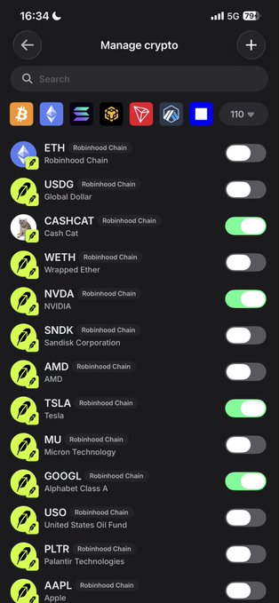 A 'Manage crypto' screen on a mobile app displays various cryptocurrencies including ETH, USDC, CASHCAT, WETH, NVDA, TSLA, GOOGL, and AAPL on the Robinhood Chain, with toggles to enable or disable each.