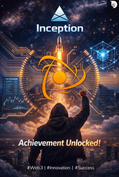 AI-generated graphic titled "Inception" with the tagline "Achievement Unlocked!" and hashtags #Web3 #Innovation #Success, depicting a hooded figure looking at a glowing rocket and atom-like symbol against a cosmic background.