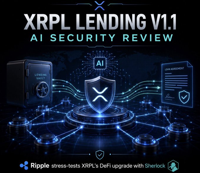A promotional graphic titled 'XRPL LENDING V1.1 AI SECURITY REVIEW' shows a vault, AI chip, and loan agreement, noting that 'Ripple stress-tests XRPL's DeFi upgrade with Sherlock.'