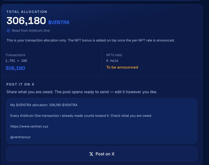 Transaction allocation dashboard showing 'TOTAL ALLOCATION 306,180 $VENTRA' read from Arbitrum One, with 1,701 transactions at 180 each, NFTs held 'To be announced', and a social sharing section for X.