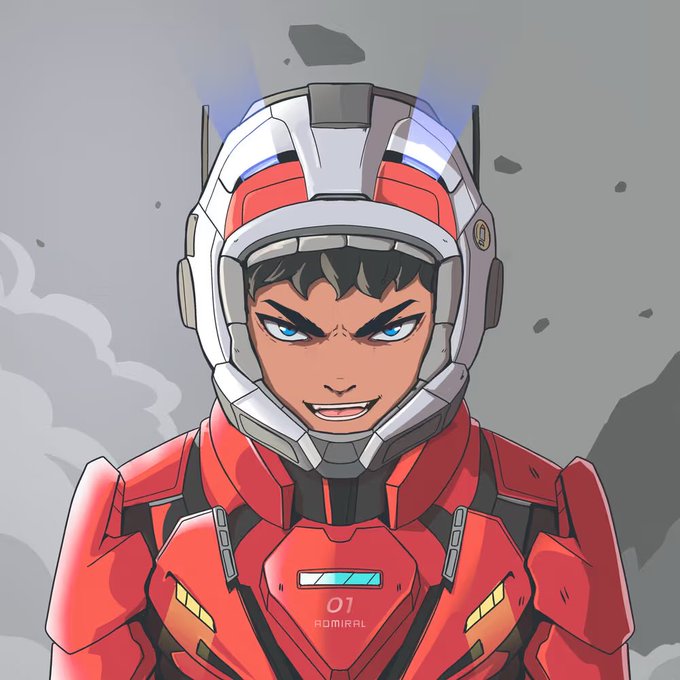 An anime-style illustration features a young pilot with blue eyes wearing a red and white futuristic helmet and matching armor, with '01 ADMIRAL' printed on the chest plate.