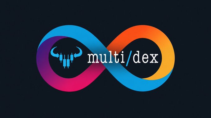 The image features the Multi/DEX logo, which displays a colorful infinity symbol in gradient hues of blue, purple, pink, and orange, with a stylized blue bull skull icon on the left side and the text "multi/dex" positioned across the center. The graphic visually represents the launch of the MULTI/DEX platform in "play mode" on the Internet Computer (ICP) ecosystem, as referenced in the accompanying post about ICP's new DeFi infrastructure.