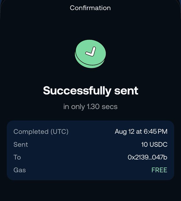 A transaction confirmation screen showing "Successfully sent" of 10 USDC to address 0x2139...047b in 1.30 seconds with FREE gas, completed on Aug 12 at 6:45 PM UTC—demonstrating Sui Network's fast and free stablecoin transfer capabilities.