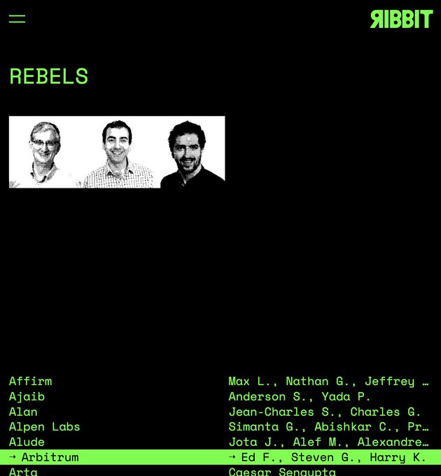 A dark website screenshot titled "REBELS" featuring a black-and-white photo of three men (identified as Max L., Nathan G., and Jeffrey) with a list of partner companies below, including Affirm, Ajaib, Alan, Alpen Labs, Alude, and Arbitrum. The Ribbit logo appears in the top right corner, suggesting this is from the venture capital firm's website showcasing their portfolio, which aligns with the post's bullish sentiment about $TIBBIR.