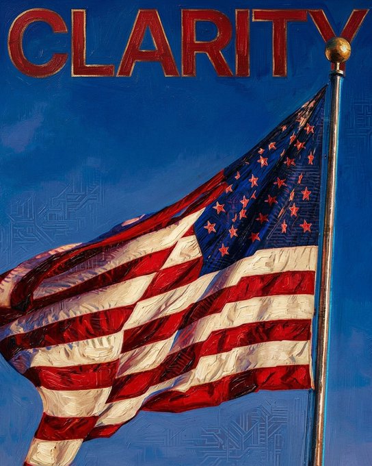 A stylized painting of an American flag waving against a blue sky with circuit board patterns and the word 'CLARITY' in bold red letters at the top.