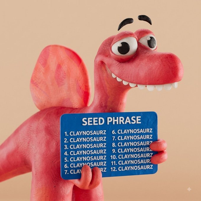 A pink claymation dinosaur character holds a blue sign titled 'SEED PHRASE' listing 'CLAYNOSAURZ' numbered 1 through 12.