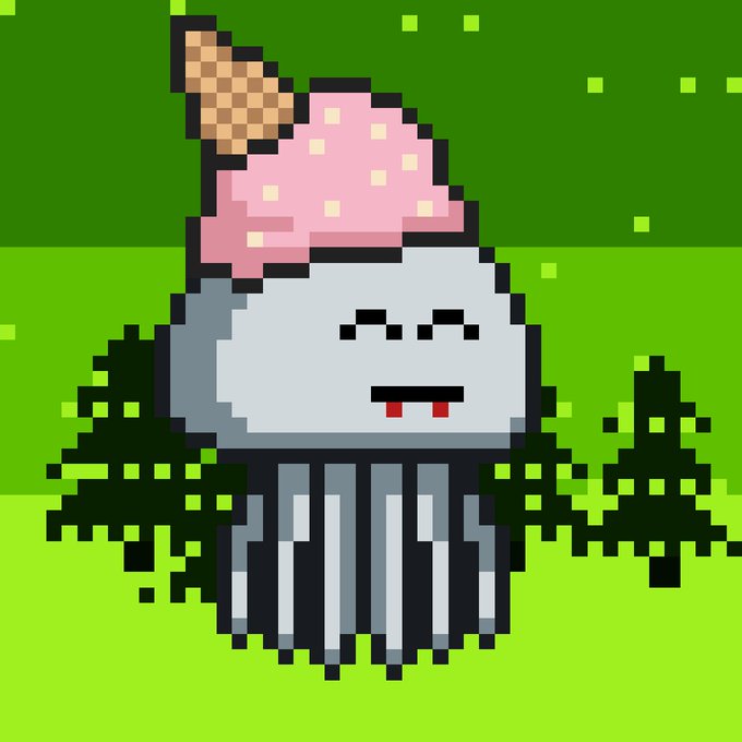A pixel art image depicts a melting ice cream cone character with a grumpy expression, pink ice cream scoop with sprinkles, and waffle cone, set against a green background with pixelated trees.
