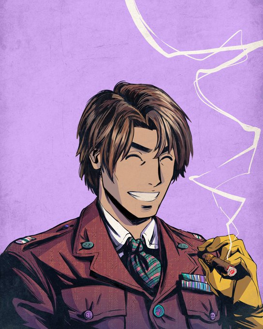 A comic-style illustration of a smiling man in a maroon military jacket with medals, holding a smoking cigarette against a purple background.