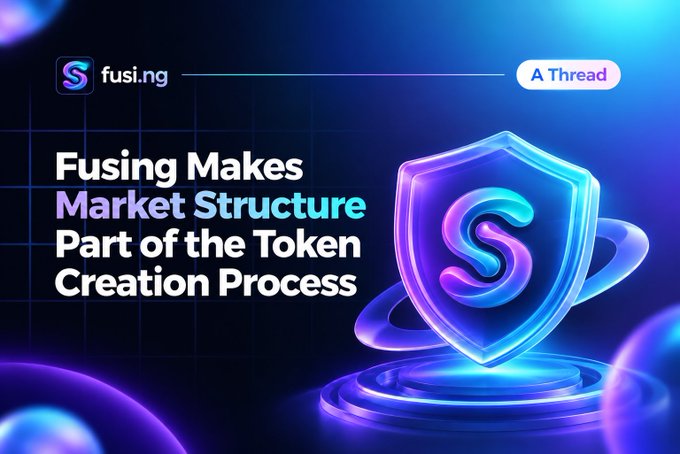 A promotional graphic for fusi.ng featuring a glowing blue shield with an "S" emblem, alongside text reading "Fusing Makes Market Structure Part of the Token Creation Process." The image visually reinforces the post's message by highlighting how Fusing integrates market structure directly into token creation, unlike platforms that treat liquidity as an afterthought.