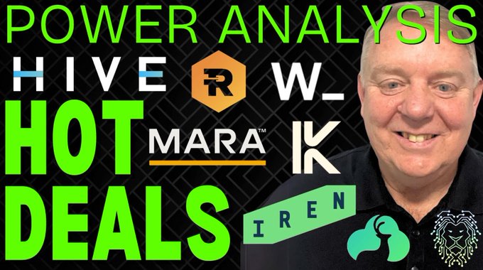 A man smiles beside bold green text reading "POWER ANALYSIS HOT DEALS," featuring logos for HIVE, W (WhiteFiber), MARA, R, IK, and IREN, promoting a podcast episode that recaps the latest deals from HIVE Digital Tech and WhiteFiber, alongside updates from IREN, Keel Infrastructure, MARA, and Riot Platforms.