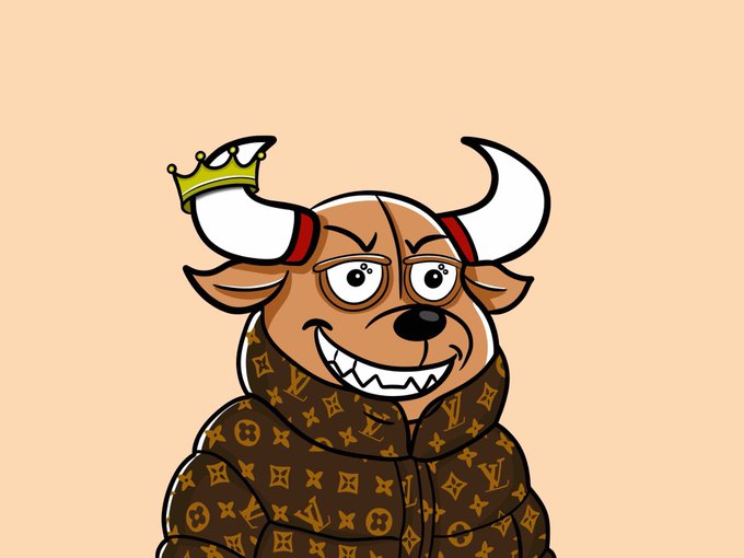 A cartoon illustration of a dog-like character wearing a small crown and a brown jacket with a Louis Vuitton monogram pattern, set against a peach background.