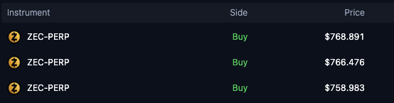 A trading interface table showing three 'ZEC-PERP' instruments with 'Buy' sides priced at $768.891, $766.476, and $758.983.