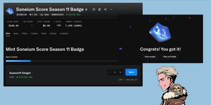 A screenshot showing the minting of a 'Soneium Score Season 11 Badge' NFT with a 'Congrats! You got it!' confirmation pop-up, featuring a cartoon character in the corner.
