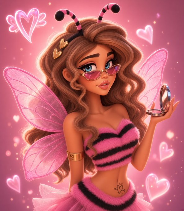A cartoon-style illustration of a fairy girl with brown curly hair, pink sunglasses, and a bee-themed striped outfit, holding a compact mirror with pink butterfly wings against a pink heart background.