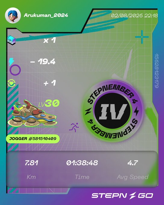 A screenshot of the STEPN fitness app showing a user's run details for user "Arukuman_2024," including stats like 7.81 Km, 01:38:48 Time, and a "STEPMEMBER IV" badge.