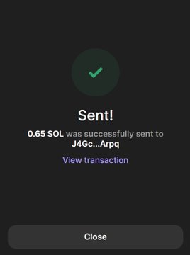 A confirmation screen displays a successful transaction of 0.65 SOL sent to the address "J4Gc...Arpq," shown alongside a green checkmark and a "View transaction" link. The image directly supports the post by visually proving the sender's claim of distributing SOL to a lucky recipient.