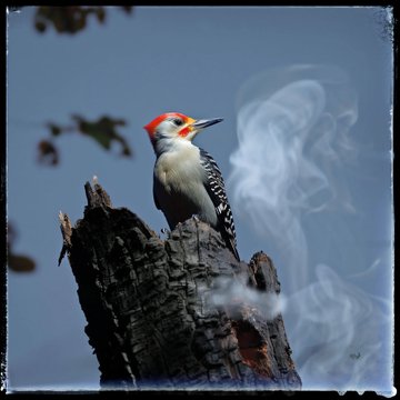 A photograph of a red-bellied woodpecker perched on a weathered tree stump, surrounded by wisps of swirling smoke against a clear blue sky.