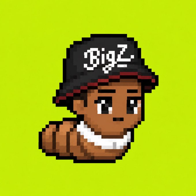 A pixel art avatar of a young Black person wearing a black "BigZ" snapback cap with a red brim, set against a lime green background. The image matches the post's mention of @BigZUnfiltered, appearing to be a stylized profile picture celebrating a GDB (likely a Discord or streaming) spot secured with his support.