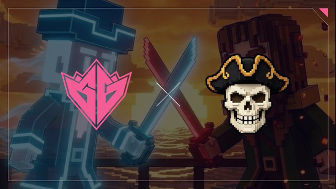 A pixel-art scene featuring a blue-armored knight with a pink emblem facing off against a pirate with a skull face and black hat, with crossed swords between them.