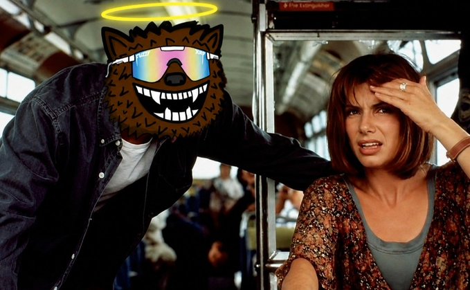 A meme image of a person wearing a furry mask and reflective sunglasses with a glowing yellow halo on a subway, standing next to a woman with a concerned expression.