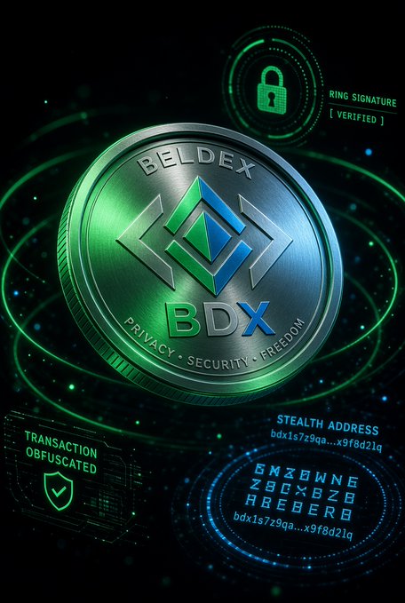 A promotional graphic for 'BELDEX BDX' cryptocurrency showing a silver coin with green and blue logo, emphasizing 'PRIVACY • SECURITY • FREEDOM' alongside graphics indicating 'RING SIGNATURE [VERIFIED]', 'TRANSACTION OBFUSCATED', and 'STEALTH ADDRESS' features.