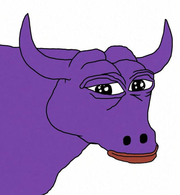 A digital illustration of a purple bull with horns and a slightly droopy-eyed, melancholic expression against a white background.