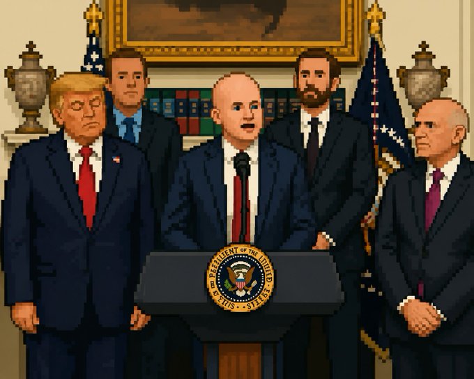 Coinbase CEO Brian Armstrong speaks at a White House podium alongside President Donald Trump and other officials, illustrating post reporting that the CLARITY Act could gain 60+ Senate votes on September 15 or prompt new SEC/CFTC crypto rules on September 16. The presidential seal reads “Seal of the President of the United States.”