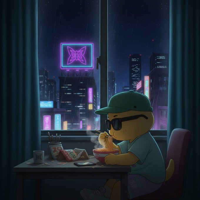 An illustrated yellow cartoon character wearing sunglasses and a green cap eats noodles at a desk while looking out a rainy window at a neon-lit cityscape with a purple butterfly sign.
