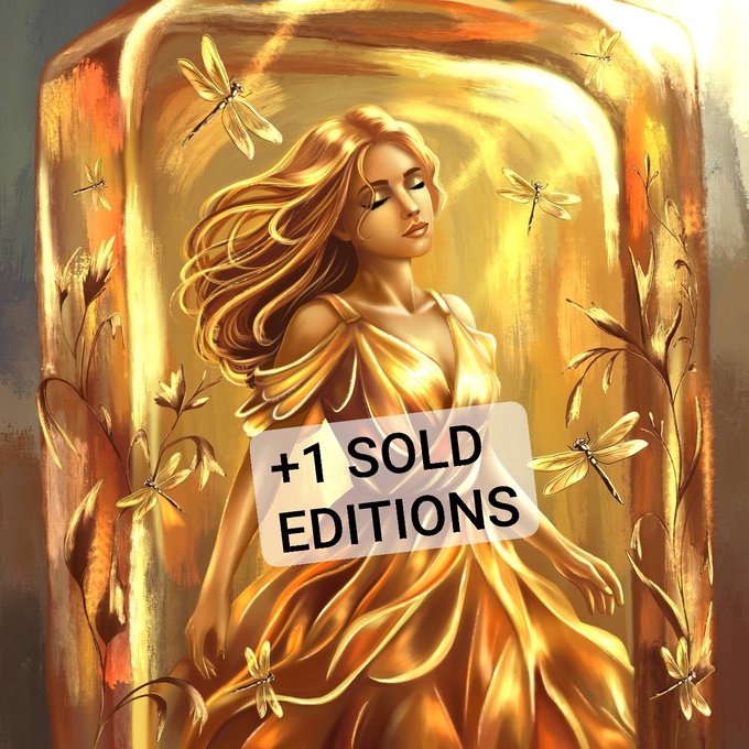 The image features a beautiful illustration of a woman wearing an orange dress, surrounded by gold dragonfly wings. She appears to be floating or dancing among the dragonflies. The background includes a yellowish hue that complements the overall theme of the artwork. In the bottom right corner of the image, there is text that reads "SOLD I would like to thank @jayray7_eth for collecting The Song of the Dragonflies" and "@objktcom Thank you very much".