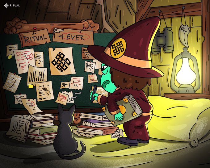 An illustrated scene shows a green-skinned character in a wizard hat holding a book, looking at a bulletin board with a note that reads 'RITUAL 4 EVER' next to a black cat.