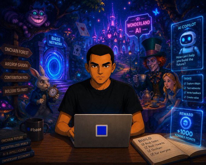 The image features a man sitting at a desk with his laptop open in front of him. He appears to be working or browsing, possibly writing code or researching information related to Base ecosystem rewards. The background of the image includes various elements such as a castle, a rabbit, and other characters from popular culture like Alice in Wonderland. There are also signs for "Base network" and "AI", suggesting that this scene is set within a fantasy world where the man's actions could be connected to the Base ecosystem or AI technology. The post about Base hints at the potential future of the Base economy, which might involve rewards for users who contribute to its growth and development.