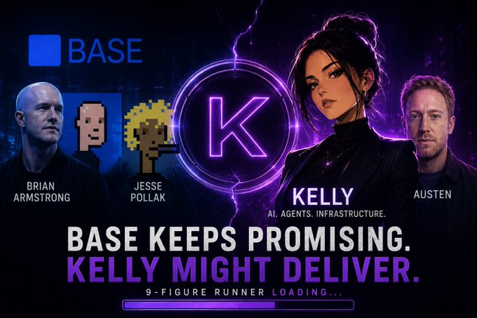 The image features a poster for Base with four people depicted on it - two men and one woman. The poster includes text about Base keeping promises to Kelly and mentions that they might already have a 9-figure runner running. The caption reads, "Focus on what is in the image and how it relates to the post".