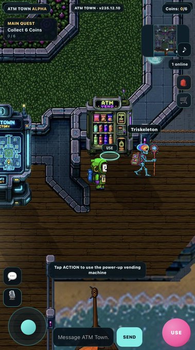 A screenshot of the mobile game 'ATM Town Alpha' showing a player character interacting with a power-up vending machine near a skeleton NPC, with a main quest to 'Collect 6 Coins'.