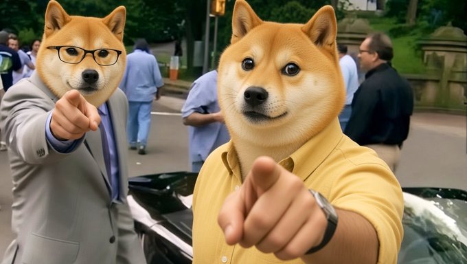 Two Shiba Inu dogs dressed as businessmen point confidently at the camera, with the doge on the right wearing a yellow shirt pointing directly forward, fitting the post's joke about confidently assuring one's Dogecoin portfolio of becoming a millionaire.