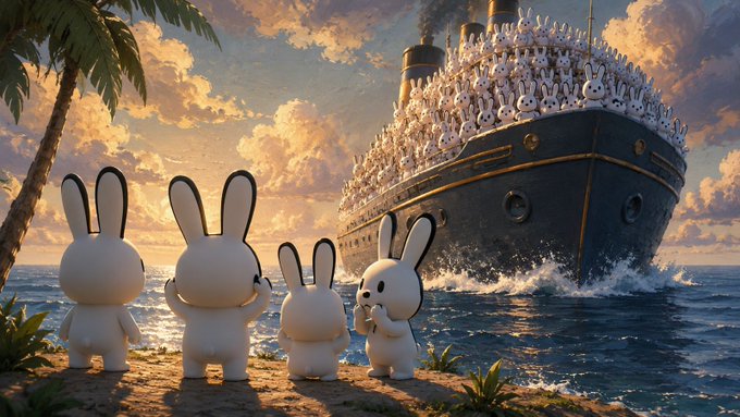 The image features a group of four white bunny figurines standing together near the ocean, with a large cruise ship in the background. The caption for the image reads "$OS $VIRTUAL now has real utility: access gate to the bunnies (agents) on Base = organic demand for the token." This suggests that the bunny figurines are part of an open-source project or initiative and are being used as agents, with a focus on their organic growth and contribution to the project. The image also includes a reference to "scaling from 10 to 100 bunnies in just 2 weeks shows fast execution and the ambition to dominate the open-source agent layer on Base = organic demand for the token." This implies that the bunny figurines are being actively used by the project, with a focus on rapid growth and dominance within the open-source community.